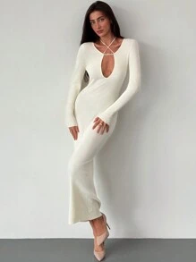 Aloruh Minimalist Deep V-Neck Tie Front Bodycon Long Sleeve Maxi Sweater Dress For Women, Autumn/Winter - Apricot - View 4