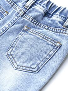 SHEIN Playful Pals 女婴纯色百搭破洞直筒牛仔裤 - 淺色水洗藍 - 查看 4