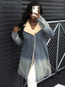 SHEIN Slayr Áo khoác denim đa năng thường ngày lót nhiệt màu khối cho nữ, mùa thu/đông - Màu xanh lam - Xem 4