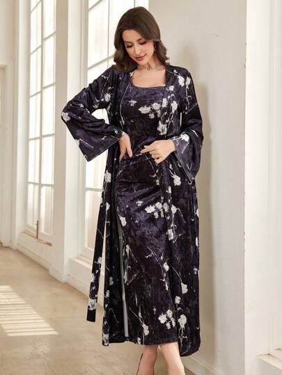 Modelyn مجموعة بقطعتين لملابس النساء، بليزر ذو أكمام جرسية مطبوع بنقشة الأزهار وفستان كامي، مجموعة من قطعتين فاخرة