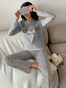 RueChic Leopard & Slogan Graphic PJ Set Without Eye Cover - Grey - View 1
