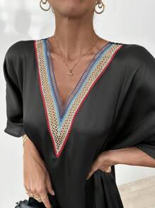 EURMUSE Lace-Trimmed Satin Dress - Black - View 6