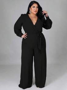 Plus Size Women Wrap V-Neck Knotted Lantern Sleeve Jumpsuit Black Spring - Black - View 3