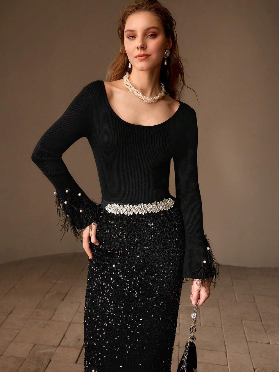 SCOOP NECK FAUX PEARL FUZZY CUFF SLIM FIT SWEATER