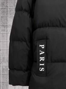 RueChic Men Basics FW Letter Printed Hooded 2 Pockets Regular Padded Coat - Black - View 4
