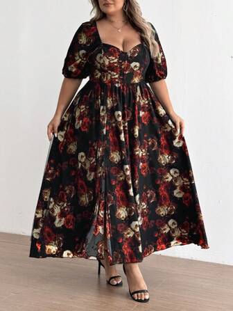 SHEIN CURVE+ Plus Size Romantic Red Floral Mesh High Slit Sweetheart Neck Flared Hem Elegant Short Sleeve Dress Women Outfit, For Summer