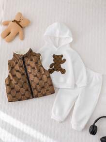 SHEIN 3pcs Baby Boy Cute Cartoon Letter Graphic Warm Thermal Lined Vest, Hoodie, And Pants Set, Suitable For Autumn, Winter, And Outdoor Activities Such As Skiing
