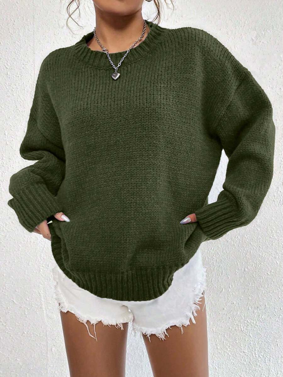 SHEIN Unity 宽松休闲女式纯色落肩长袖毛衣，秋冬针织套头衫