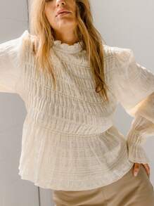 Aralina Boho Chic Shirred Textured Long Sleeve Dobby Blouse Winter Vacation Holiday Church Outfit