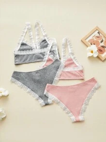 Juego de 4 piezas de sujetador y bragas de algodón con encaje y estampado floral, suave y cómodo, para adolescentes, color rosa y gris - Multicolor - Ver 2