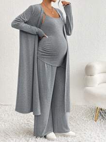 SHEIN 3pcs Maternity Casual Elegant Set: Camisole, Long Pants, Long Open Cardigan