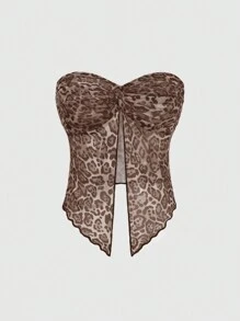 SHEIN LUNE Women's Fashionable Leopard Print Cropped Bandeau Top With Side Split - Khaki - View 1