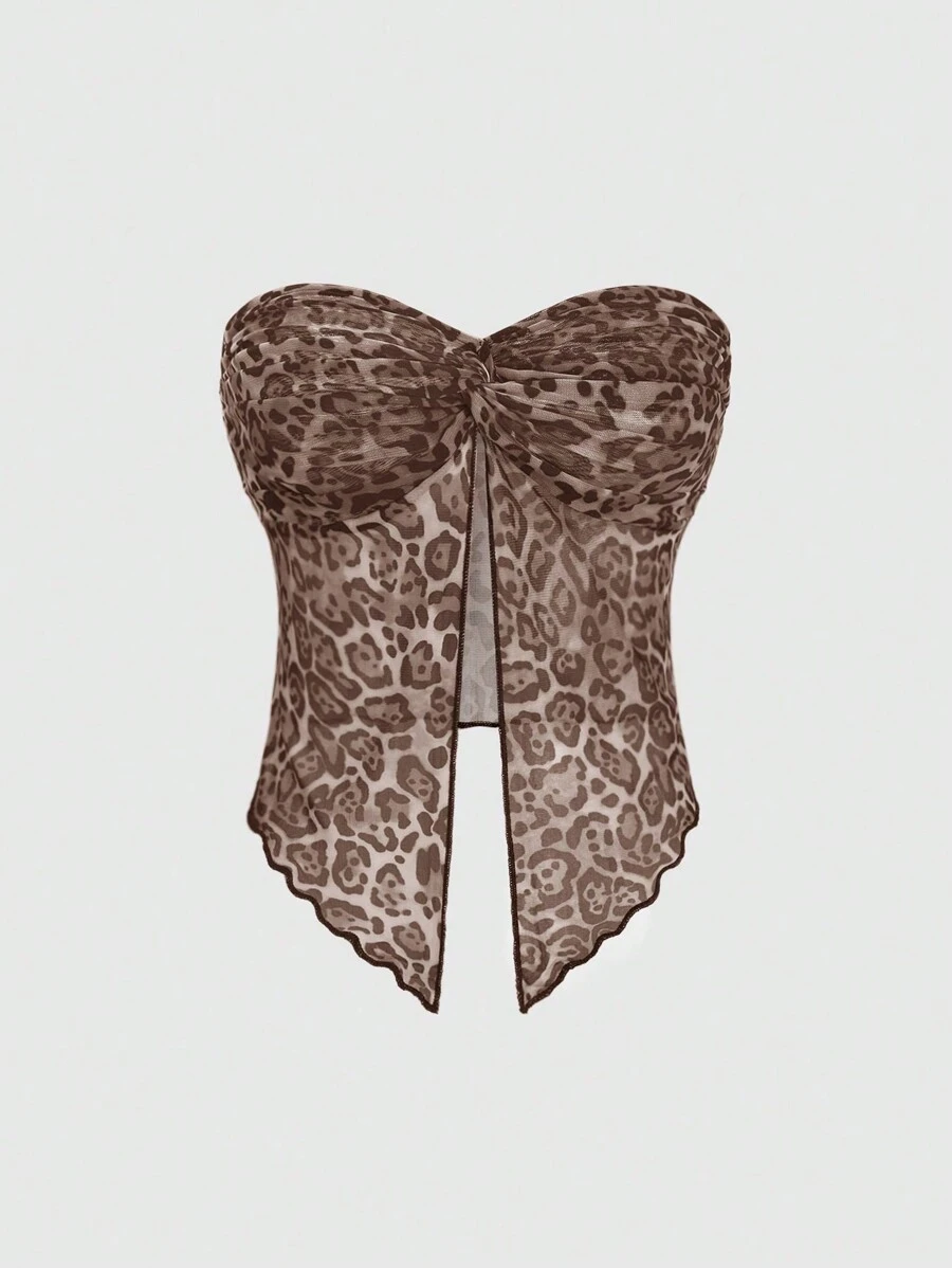 SHEIN LUNE Women's Fashionable Leopard Print Cropped Bandeau Top With Side Split - Khaki - View 1