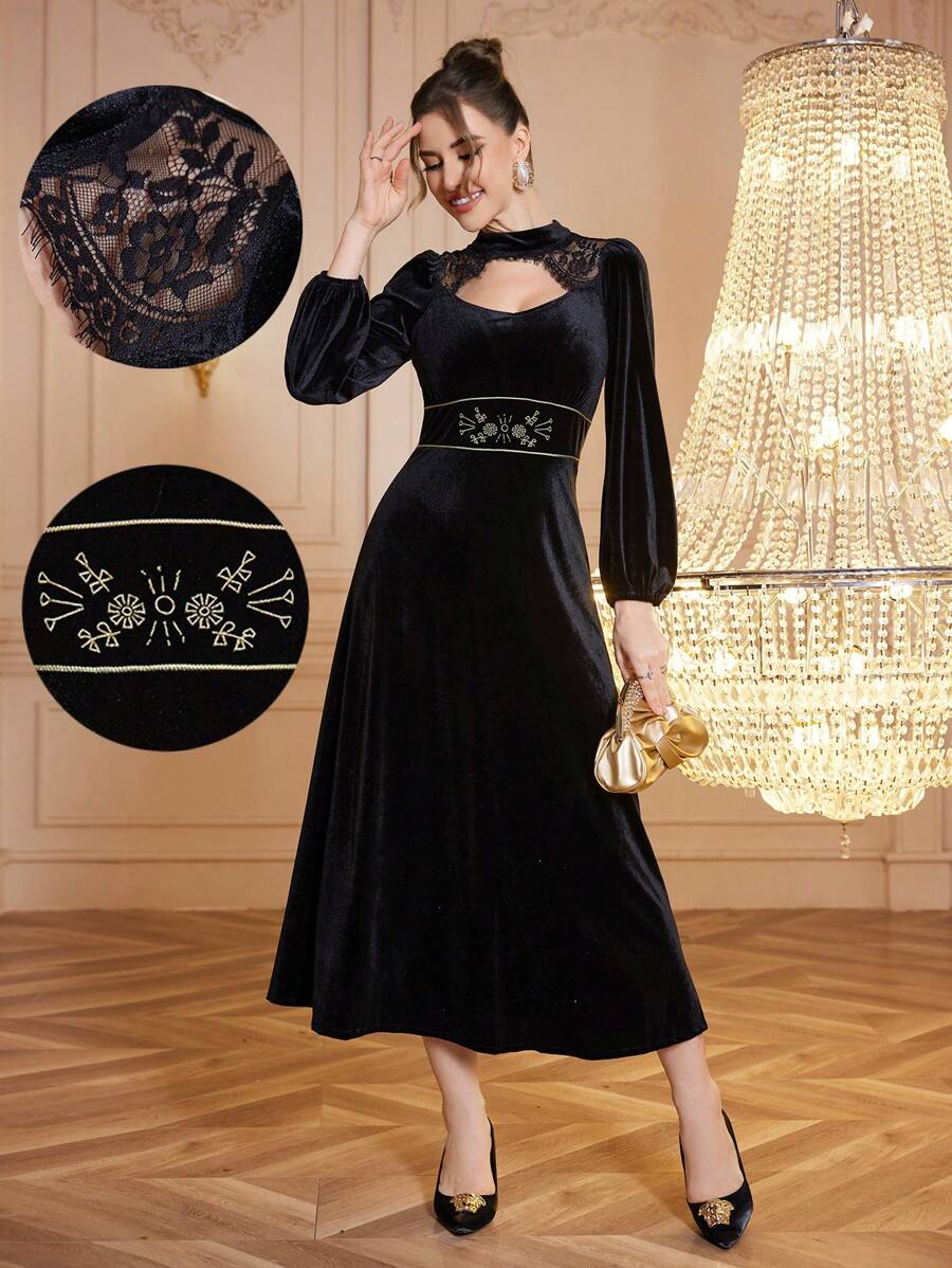 Modelyn Elegant Velvet Embroidered Dress, Winter - Black - View 1