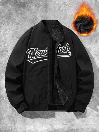 Manfinity Sporsity Chaqueta bomber de manga larga con cremallera frontal y gráfico de letras, estilo casual para salir, chaqueta de manga larga negra, regalo para amigos, esposo, novio, para otoño e invierno, estilo grunge, con forro térmico