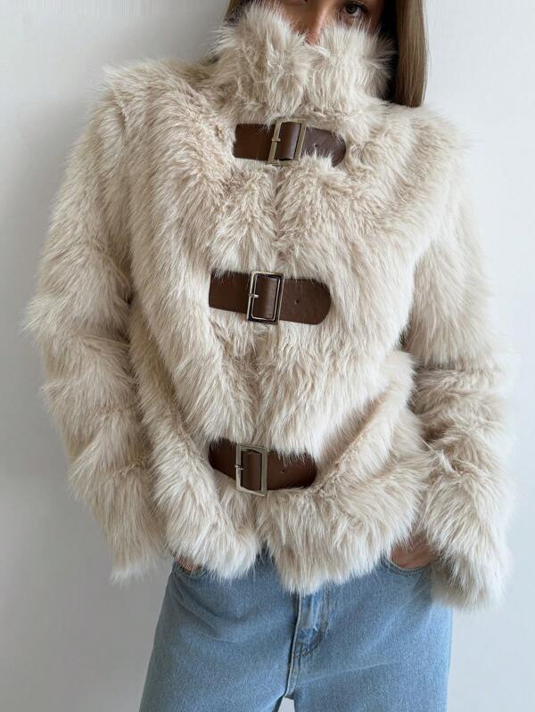 Aloruh Women Stand Collar Fitted Long Sleeve Fluffy Button Apricot Jacket, Warm For Autumn/Winter
