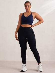 Easithlete Plus Size Women's Minimalist Solid Color Front Zip Sports Bra - Navy Blue - View 3