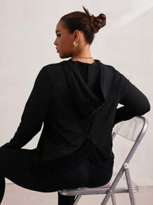 SHEIN Sport Studio Plus Size Hoodie Sweatshirts With Fleece Leopard Print And Mesh Splice Back Design, Long Sleeve