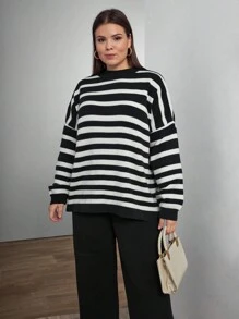 RueChic Women Irregular Stripe Pattern Round Neck Drop Shoulder Pullover & Sweater Pants Set