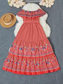 Breezaya 女士度假风格花卉印花露肩荷叶边多层下摆系带连衣裙，春夏长款女装 - 粉色 - 查看 2