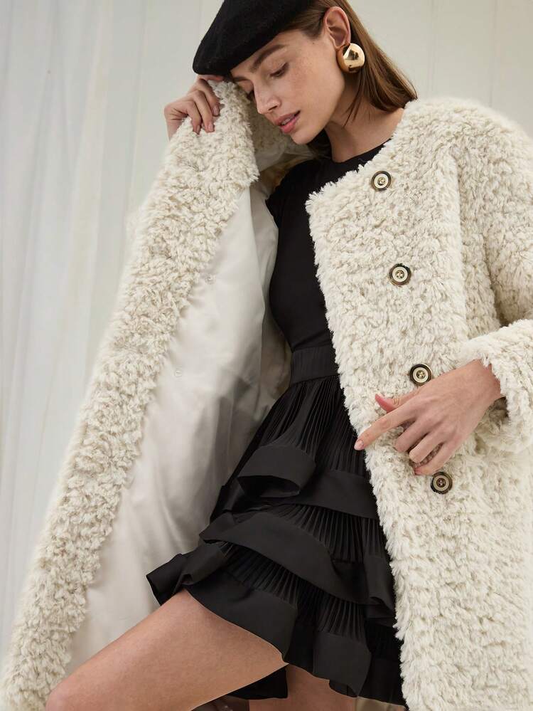 여성 솔리드 컬러 부드러운 버튼다운 긴팔 라운드넥 캐주얼 롱 자켓, 일상복, 업무복, 가을 여성복, 겨울 여성복, 빈티지 퍼