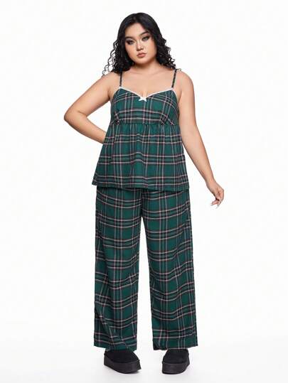 Ensemble de pyjama grande taille de style universitaire avec motif à carreaux, débardeur ample et pantalon long