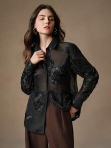 Anewsta 女士优雅复古法式花卉刺绣透明衬衫，秋季女士衬衫 - 黑色 - 查看 6