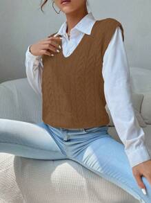 Chiquease V Neck Cable Knit Sweater Vest - Coffee Brown - View 4