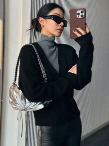 DAZY Design Sense Asymmetric Button V-Neck Knitted Pullover Sweater For Women