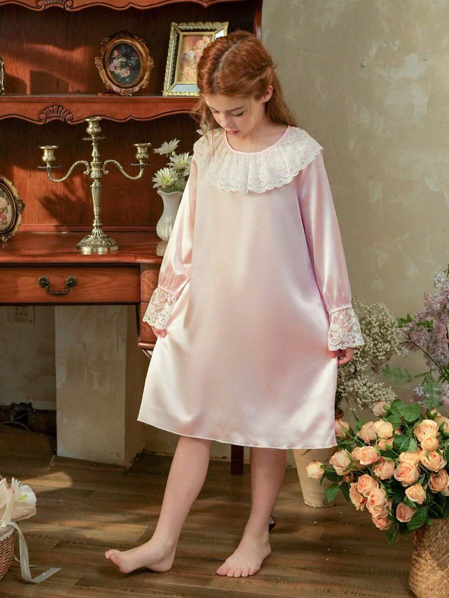 SHEIN Tween Girls Elegant French Style Long Sleeve Nightgown, Solid Pink Satin & Lace Patchwork, Casual & Comfortable Home Dress - Pink - View 1