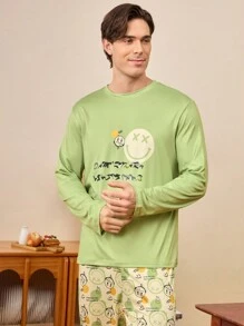 Conjunto de pijama para hombre con top de cuello redondo de manga larga con estampado de cara sonriente y letras, y pantalones
