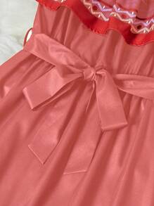 Breezaya 女士度假风格花卉印花露肩荷叶边多层下摆系带连衣裙，春夏长款女装 - 粉色 - 查看 3