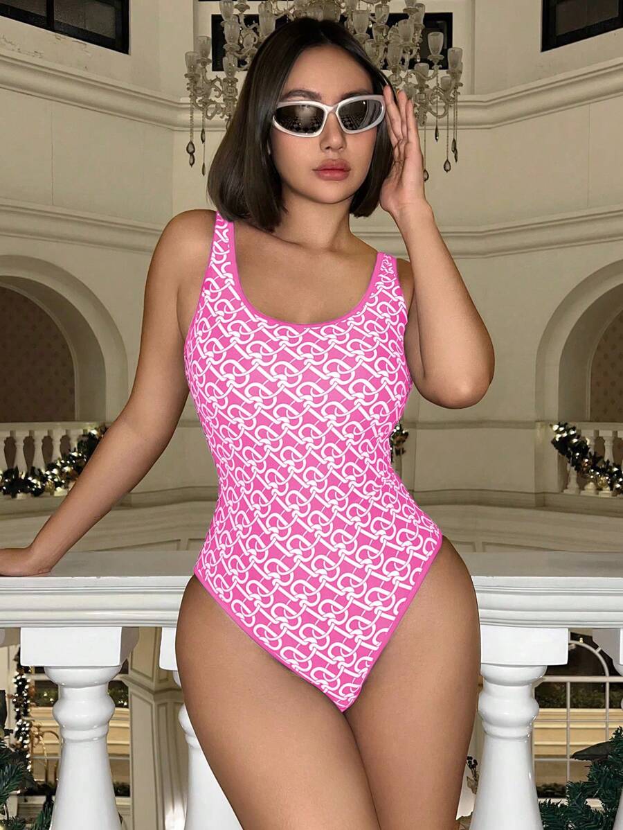 Swim EVENT Summer 1pc Women's Fashionable Chain Print Sleeveless One-Piece Swimsuit - Pink - View 1