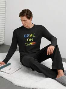 EURMUSE 男式游戏字母印花常规长袖和长裤家居服套装