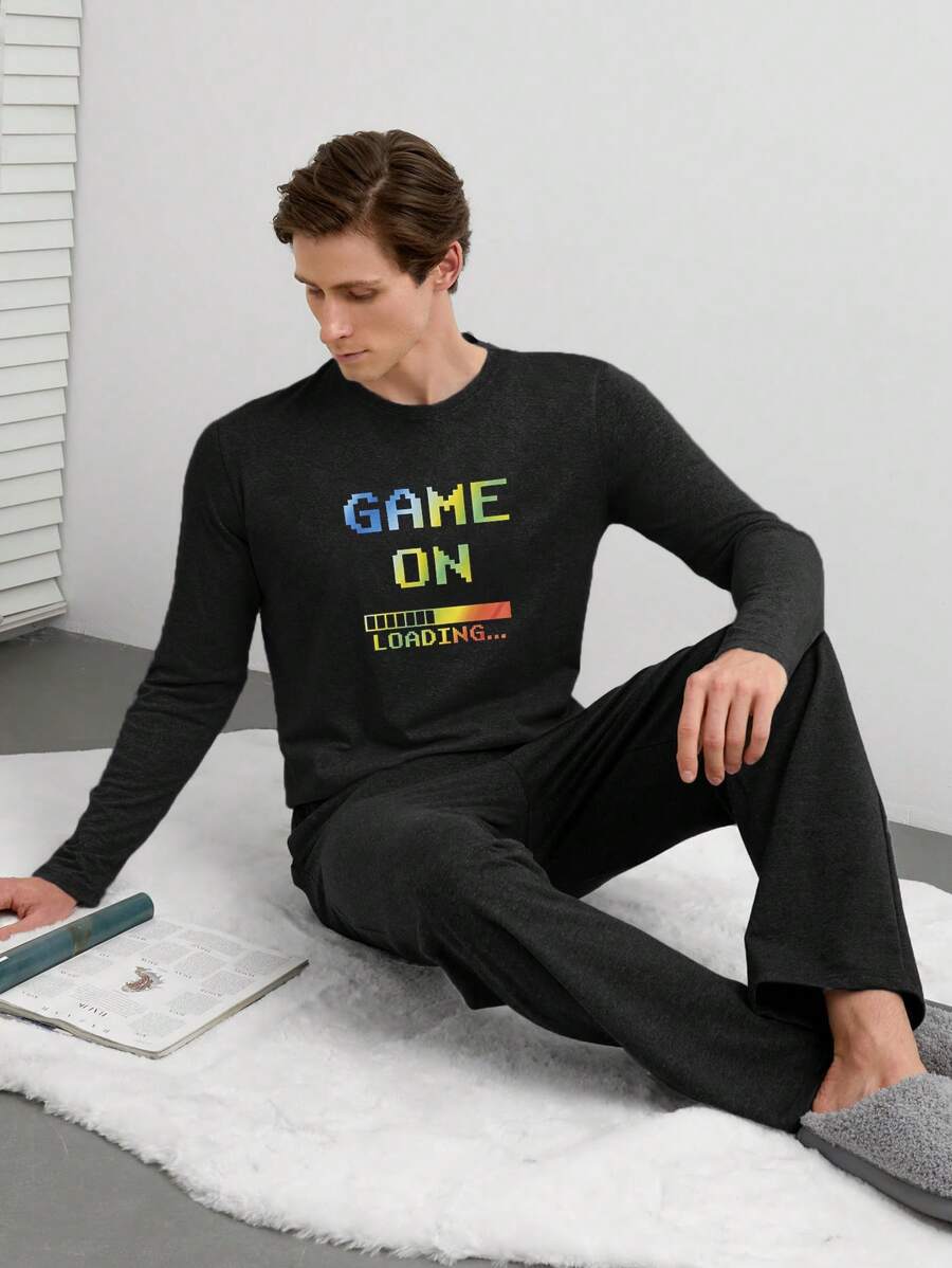 EURMUSE 男式游戏字母印花常规长袖和长裤家居服套装