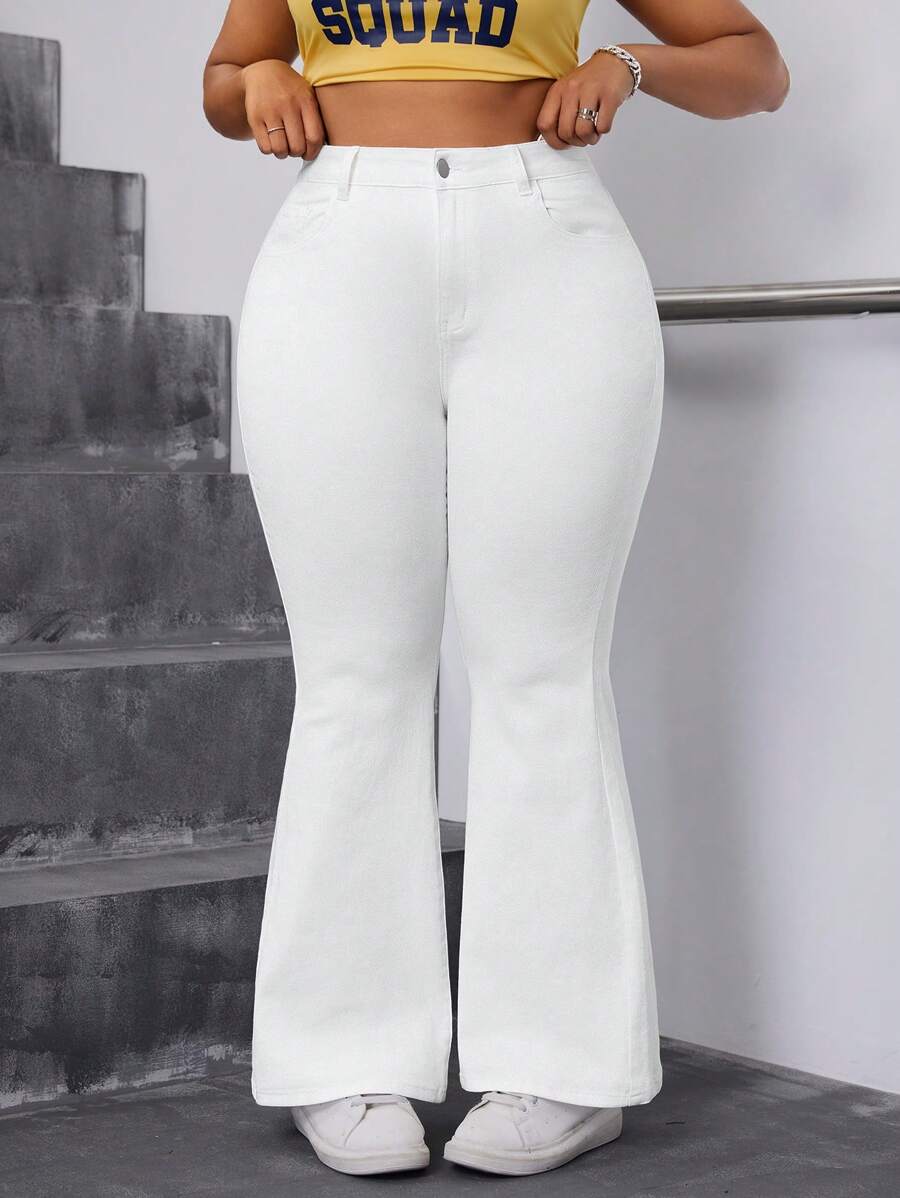 Slaydiva Calça jeans feminina plus size branca extra longa slim fit stretch flared