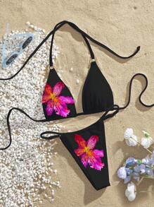 Swim Vcay Conjunto de bikini de 2 piezas para mujer con copas triangulares halter, anillo redondo asimétrico y unicolor, traje de baño de verano - Negro - Ver 1