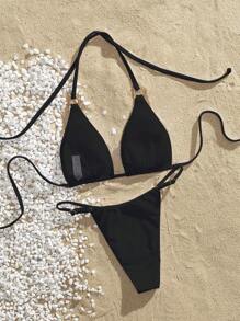 Swim Vcay Conjunto de bikini de 2 piezas para mujer con copas triangulares halter, anillo redondo asimétrico y unicolor, traje de baño de verano - Negro - Ver 2