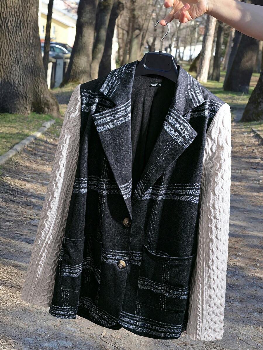 SHEIN LUNE Crochet Herringbone Check Print Lapel Collar Blazer, Plus Size Thanksgiving Women New Years Women Winter Raves - Black and White - View 1
