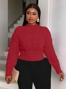 Maweii Plus Size Casual Solid Color Drop Shoulder Sweater, Autumn/Winter For New Year Knit Pullover Fall - Red - View 3