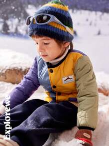 SHEIN 男童拼色贴标边饰棉服