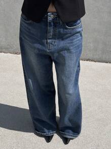 DAZY 女士休闲宽腿宽松口袋牛仔裤 - 深色水洗藍 - 查看 4