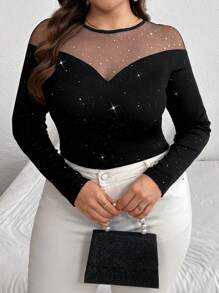 SHEIN Privé Blusa de manga larga con paneles de lentejuelas y malla para tallas grandes, elegante para fiestas, meriendas, citas, conciertos - Año Nuevo, días festivos, oficina, glamorosa