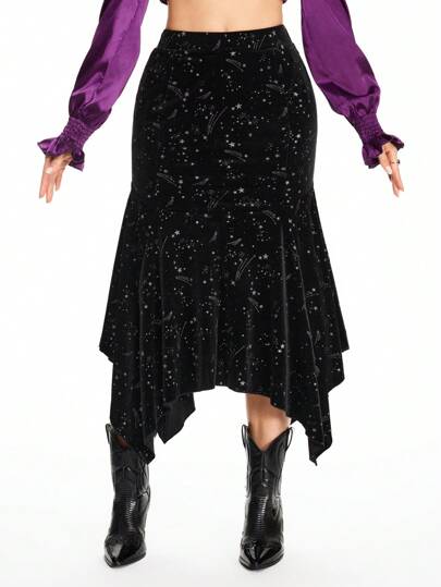 Jupe longue asymétrique en velours de luxe avec imprimé de météore hippie pour femmes