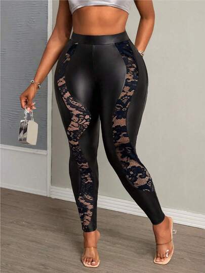 Maweii 加大码女式秋冬性感不对称蕾丝PU皮拼接紧身弹力打底裤，黑色