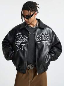 AXEPEAK Men's Autumn Letter Pattern Long Sleeve Zip-Up Collar Casual PU Leather Jacket, Bomber Vintage Party Letter Jacket, For Friends, Husband, Boyfriend Gifts, Streetwear Edition, For Fall Winter, Couple Things - Black - View 2