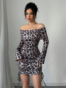Calvaya Vestido con estampado de leopardo y hombros descubiertos (corte de estampado aleatorio) para mujer