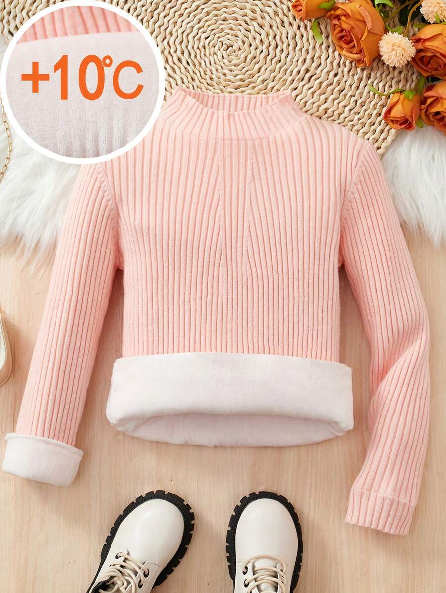 Pull en tricot côtelé en velours doux et chaud rose tendre de style casual pour préados, design polyvalent pour l'automne et l'hiver - Rose bonbon - Voir 1