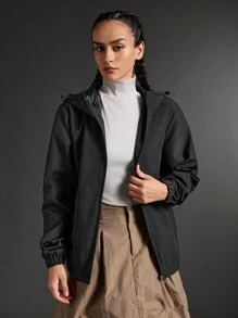 SHEIN Sports Áo khoác ngoài trời có mũ trùm đầu màu trơn đơn giản dành cho nữ - màu đen - Xem 7