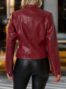 Solivie PU Leather Solid Color Slim Fit Zip-Up Long Sleeve Jacket With Thermal Lined In Fall/Winter - Burgundy - View 2